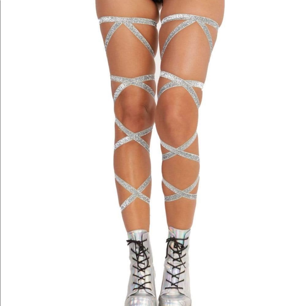2 Pairs Iheartraves Slip Resistant Leg Wraps One Size Silver Glitter Light Blue